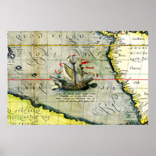 Magellans ship Victoria, Antique Map Pacific Ocean Poster