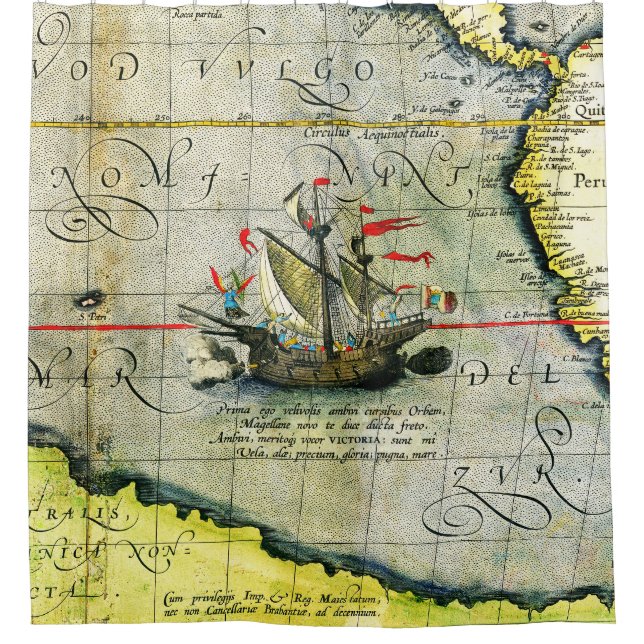 Magellans ship Victoria, Antique Map Pacific Ocean Shower Curtain (Front)