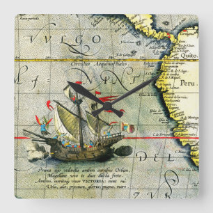 Magellans ship Victoria, Antique Map Pacific Ocean Square Wall Clock