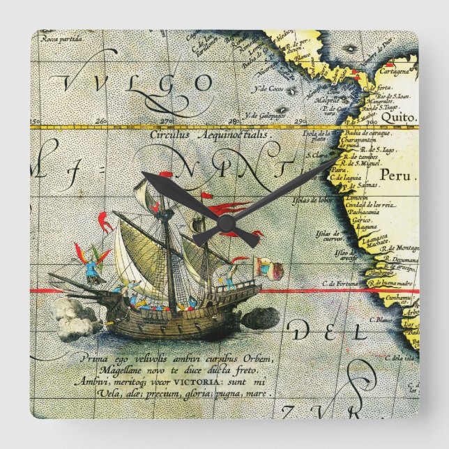 Magellans ship Victoria, Antique Map Pacific Ocean Square Wall Clock (Front)