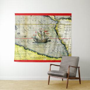 Magellans ship Victoria, Antique Map Pacific Ocean Tapestry