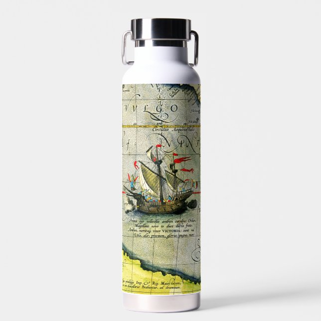 Magellans ship Victoria, Antique Map Pacific Ocean Water Bottle (Front)