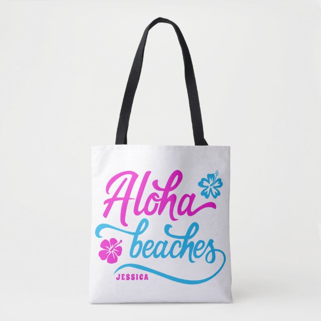 Magenta Aloha Beaches Summer Pun Personalised Tote Bag (Front)