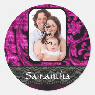 Magenta and black damask classic round sticker