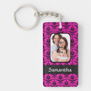 Magenta and black damask key ring