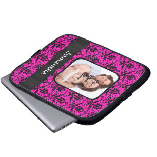 Magenta and black damask laptop sleeve