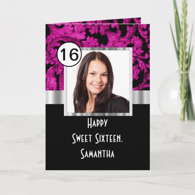 Magenta and black damask sweet sixteen thank you card (Front)