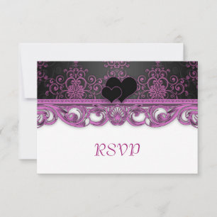Magenta and Black Damask Wedding RSVP Reply Cards