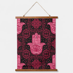 Magenta and Black Hamsa Hand Good Fortune Hanging Tapestry