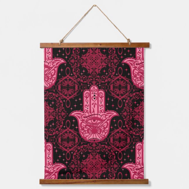Magenta and Black Hamsa Hand Good Fortune Hanging Tapestry (Front)