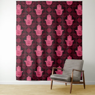 Magenta and Black Hamsa Hand Good Fortune  Tapestry