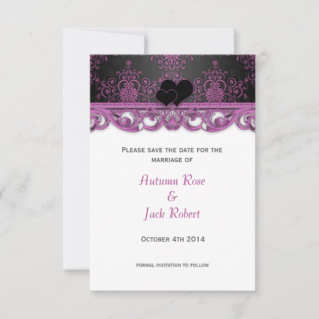 Magenta and Black Wedding Save the Date (Front)