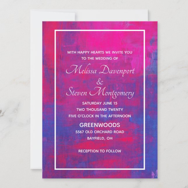 Magenta and Blue Abstract Wedding Invitation (Front)
