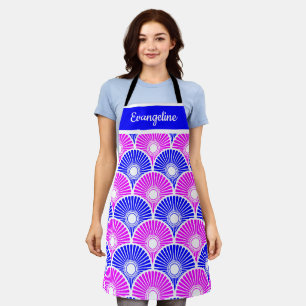 Magenta and Blue Chinese Semi Circle Wave Pattern  Apron
