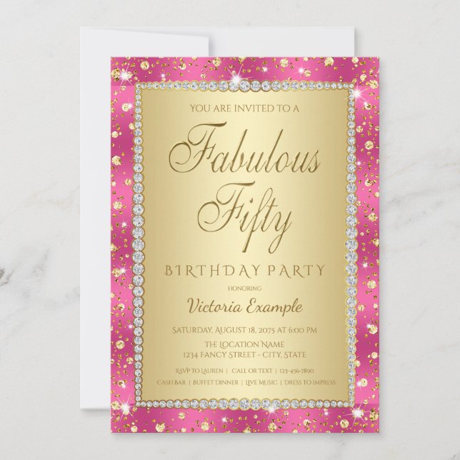 Magenta and Gold 50th Birthday Party Invitations (Front)