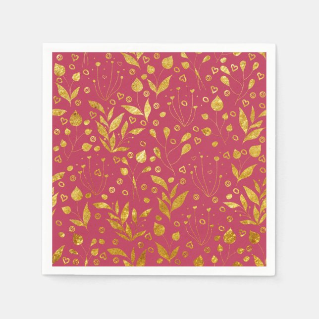  Magenta and Gold Leaves Paper Napkin (Front)