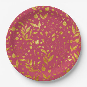 Magenta and Gold Leaves   Paper Plate