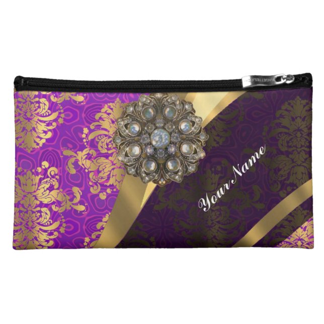 Magenta and gold vintage damask pattern makeup bag (Front)