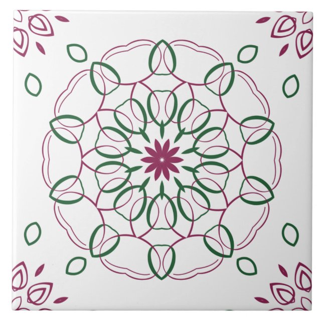 Magenta and Green Geometric Mandala Design Ceramic Tile (Front)