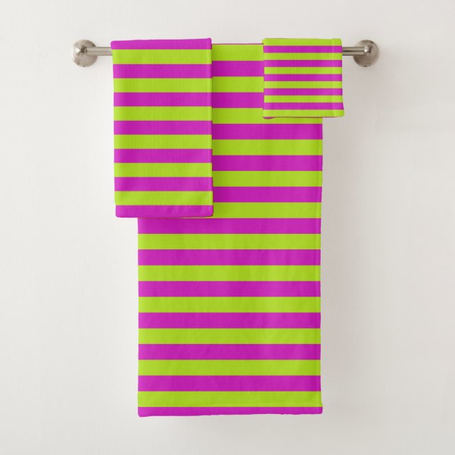 Magenta and Lime Green Stripes Bath Towel Set (Insitu)