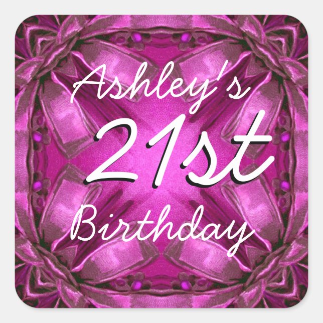 Magenta and Pink Bows 21st Birthday Custom Name Square Sticker (Front)