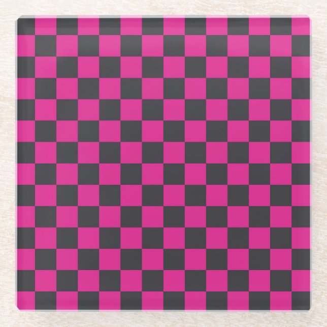 Magenta and smoke chequerboard pattern glass coaster (Front)