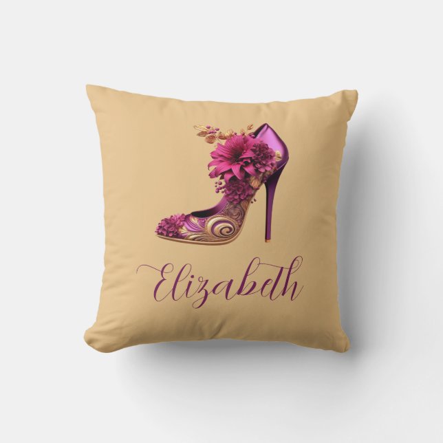 Magenta and Tan High Heel Cushion (Front)