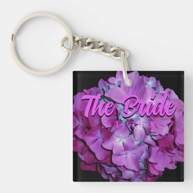 Magenta  and teal hydrangeas the Bride Key Ring (Front)