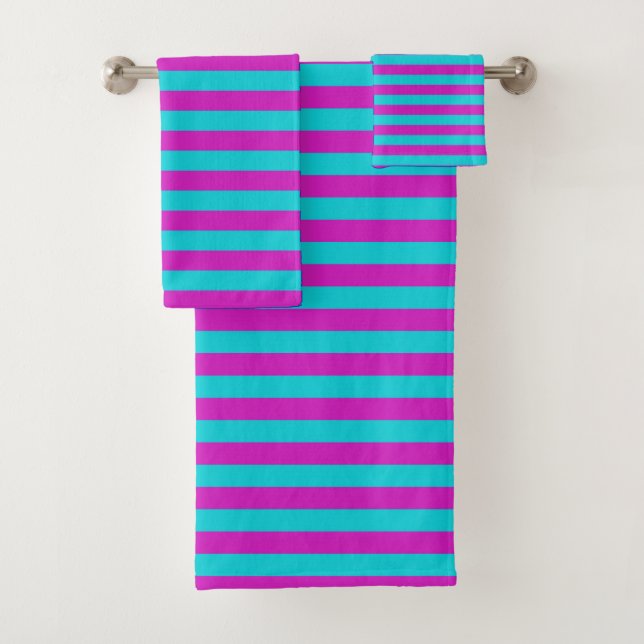 Magenta and Turquoise Stripes Bath Towel Set (Insitu)