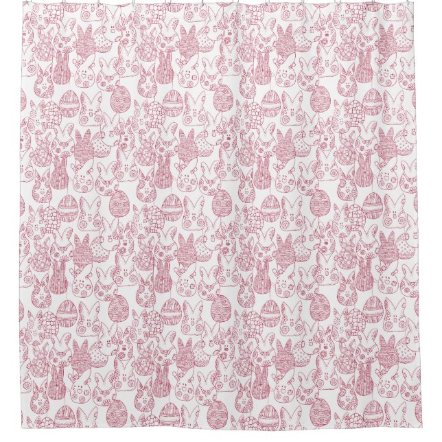 Magenta and White Easter Bunnies and Eggs Shower Curtain (Front)