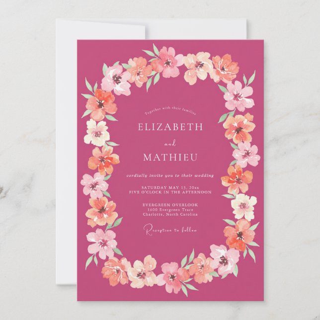 Magenta Apricot Wreath Wedding Invitation (Front)