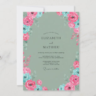 Magenta Aqua Peony Wedding Invitation