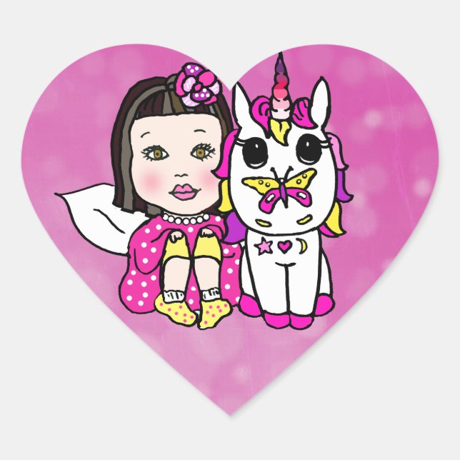 Magenta Asian Fairy and Unicorn Heart Shaped Sticker (Front)