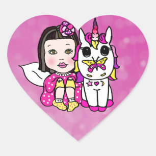 Magenta Asian Fairy and Unicorn Heart Shaped Sticker