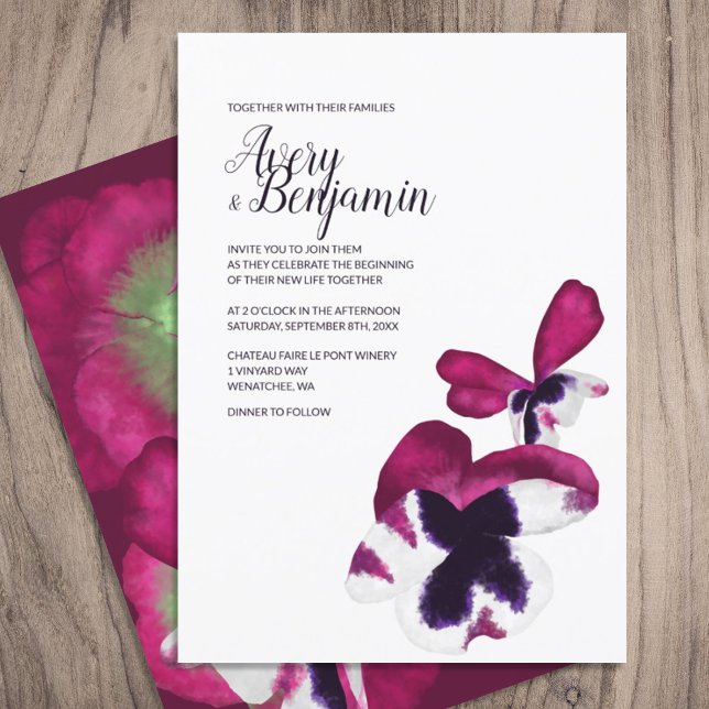 Magenta Autumn Flowers Wedding Invitation (berry pink magenta purple pansy pansies wedding 5x7 invitation template, script calligraphy writing)