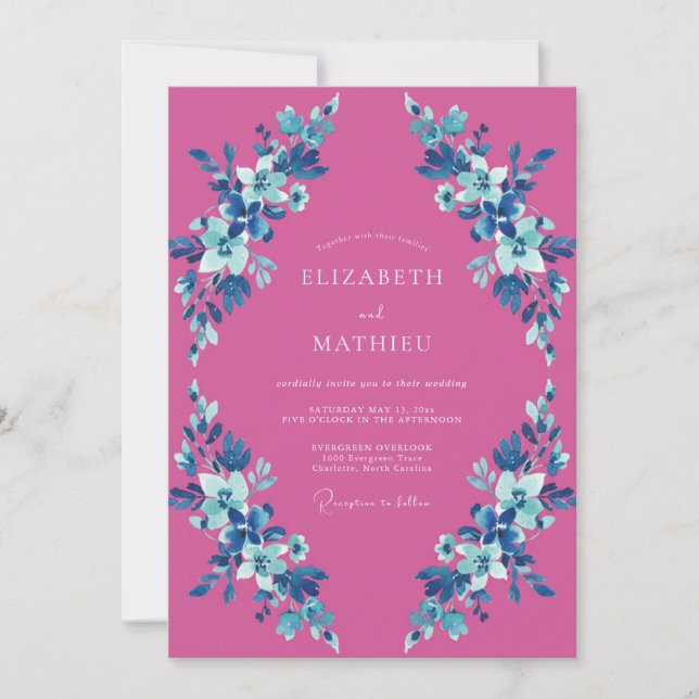 Magenta Azure Blossom Wedding Invitation (Front)