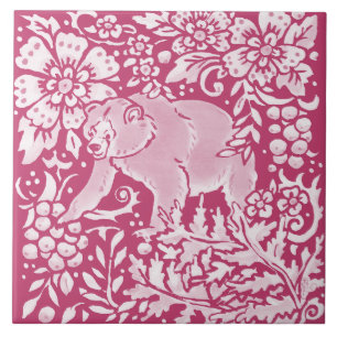 Magenta Bear Animal Nature Woodland Floral Ceramic Tile