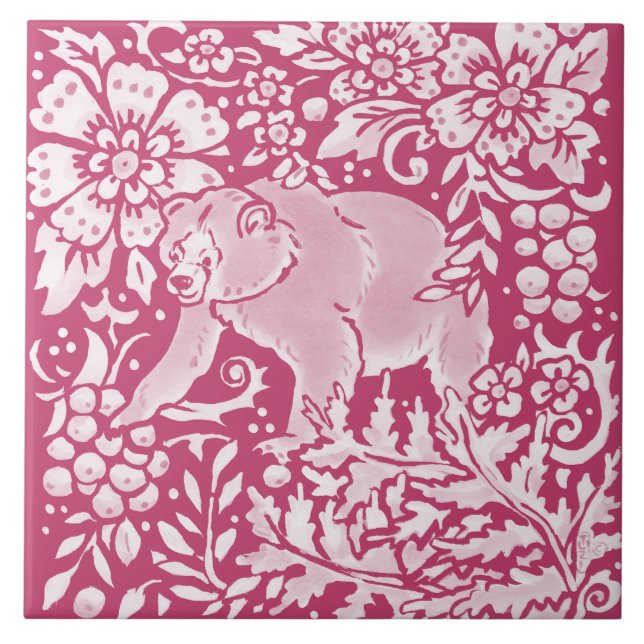 Magenta Bear Animal Nature Woodland Floral Ceramic Tile (Front)
