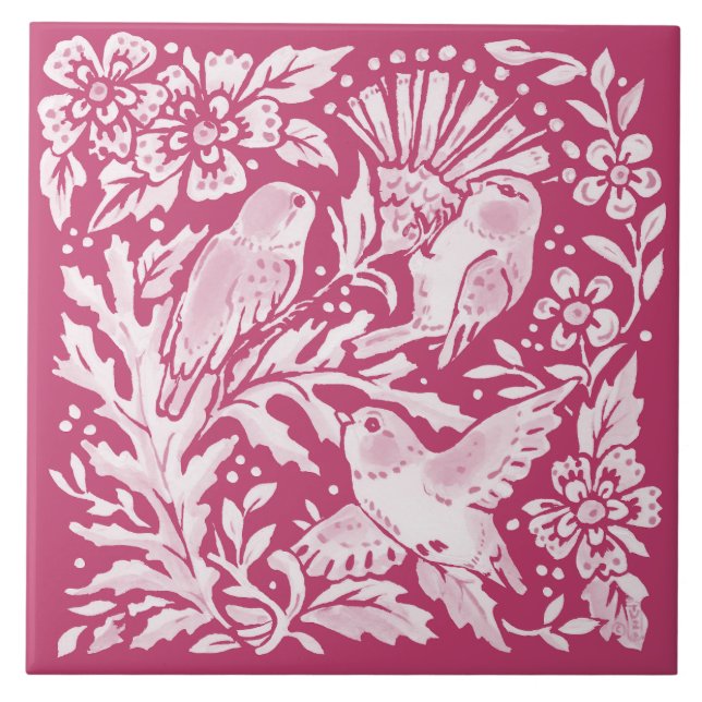 Magenta Bird Trio Thistle Nature Woodland Floral Ceramic Tile (Front)