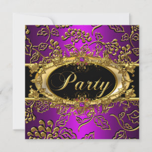 Magenta Birthday Party Damask Purple Pink Gold Invitation