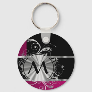 Magenta black and silver monogram key ring