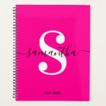 Magenta Black and White Modern Style Monogram Planner<br><div class="desc">A monogram in a black trendy style modern calligraphy paired with a white elegant modern font. Increase or decrease the font size as needed for your monogram. Customise the minimalist solid vivid magenta or hot pink background colour. Keep the school year date format, or change to suit your needs. Black,...</div>