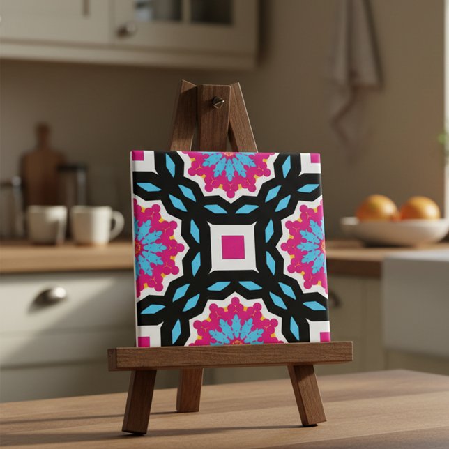Magenta Black Blue White Mosaic Geometric Pattern Ceramic Tile (Creator Uploaded)