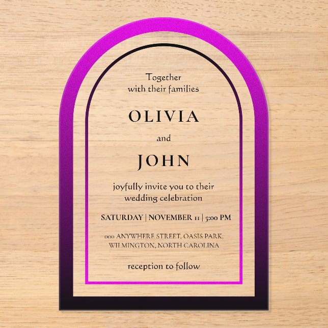 Magenta black gradient wedding acrylic invitations (Front)
