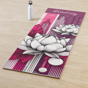 Magenta black & white yoga mat with Lotus flowers