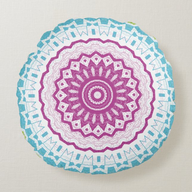 Magenta Blue and Green Mandala Pattern Round Cushion (Front)