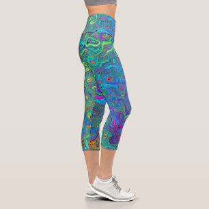 Magenta, Blue and Sea Foam Green Retro Swirl Capri Leggings