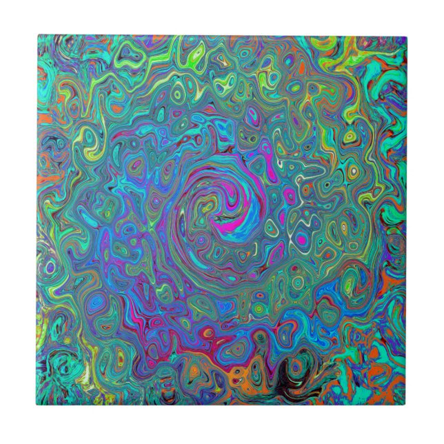 Magenta, Blue and Sea Foam Green Retro Swirl Ceramic Tile (Front)