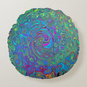 Magenta, Blue and Sea Foam Green Retro Swirl Round Cushion