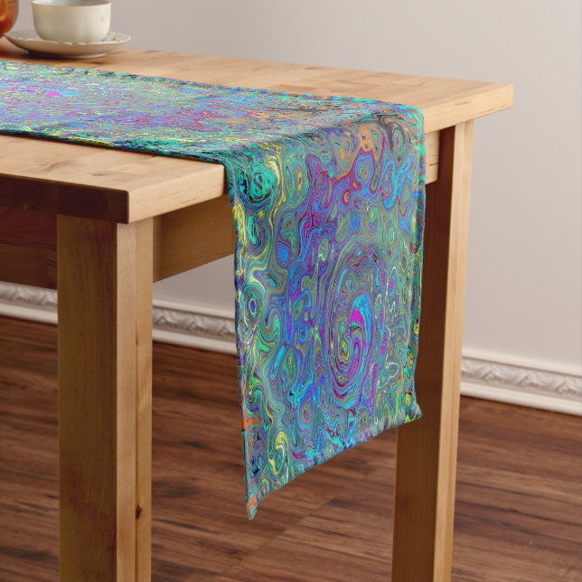 Magenta, Blue and Sea Foam Green Retro Swirl Short Table Runner (In Situ)
